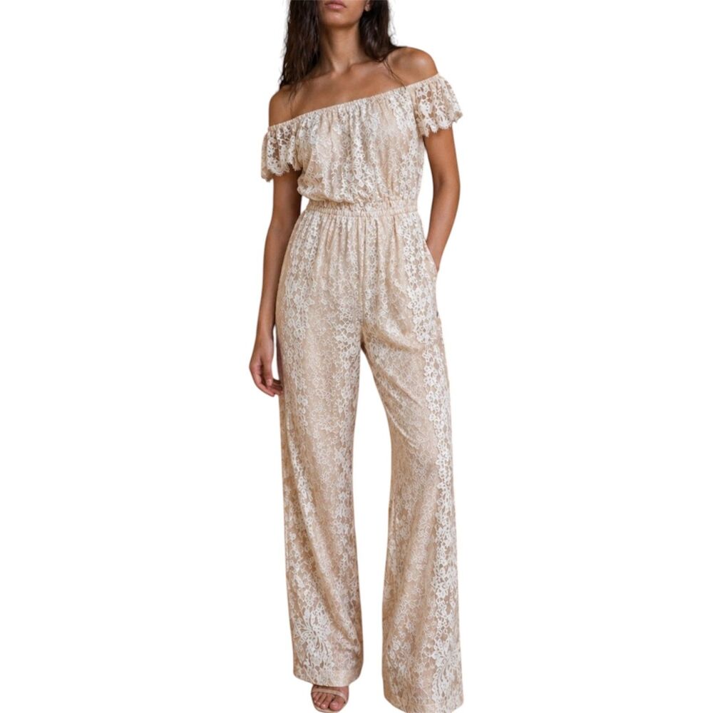 4SI3NNA Nude Beige Floral Lace Off Shoulder Wide Leg Lace Jumpsuit Romper L